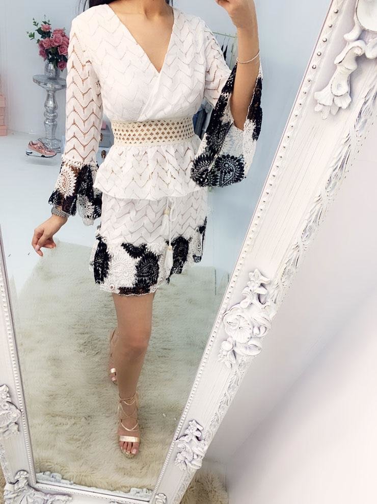 Marci Crochet Detail Bell Sleeve Frill Hem Skirt Co-ord Set