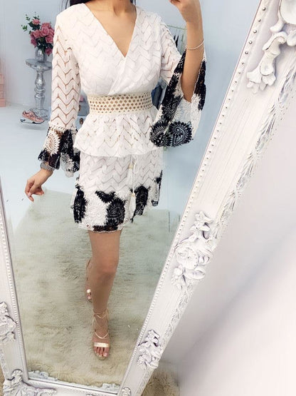 Marci Crochet Detail Bell Sleeve Frill Hem Skirt Co-ord Set