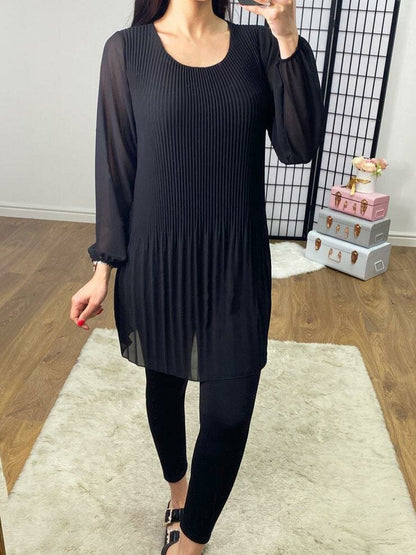 Marianne Pleated Sheer Sleeve Longline Blouse