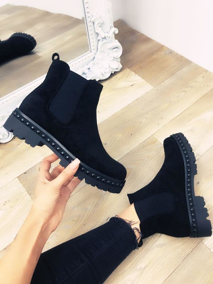 Marshal Black Faux Suede Studded Chunky Ankle Boots