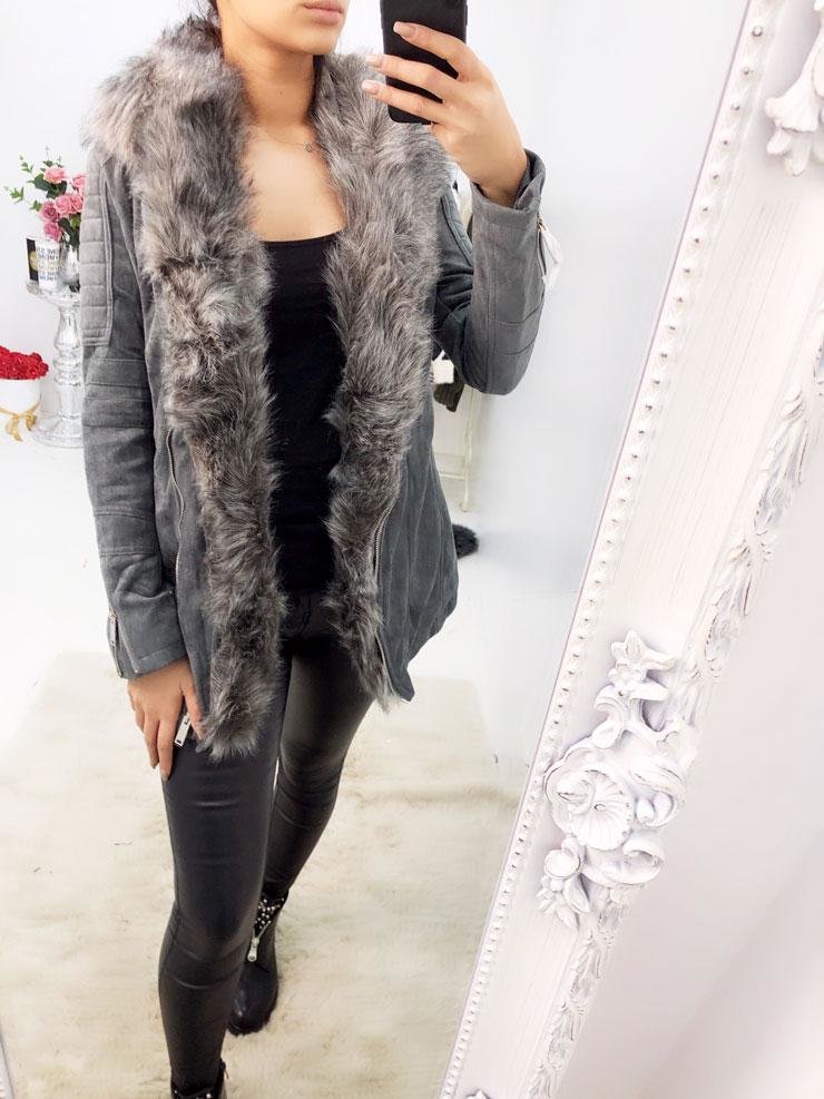 Marsiana Dark Grey Suedette Faux Fur Collar Biker Jacket