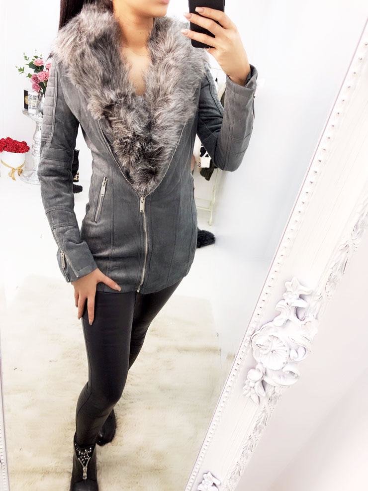 Marsiana Dark Grey Suedette Faux Fur Collar Biker Jacket