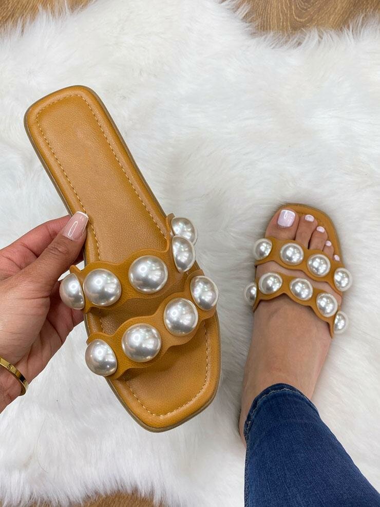 White Faux Leather Pearl Embellished Buckle Sliders Design by CAI