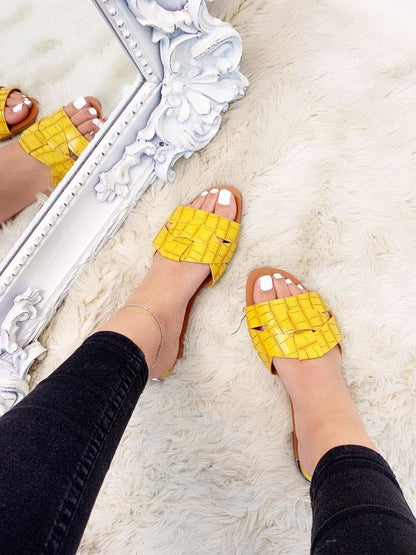 Maxine Croc Print Woven Detail Slip On Sliders