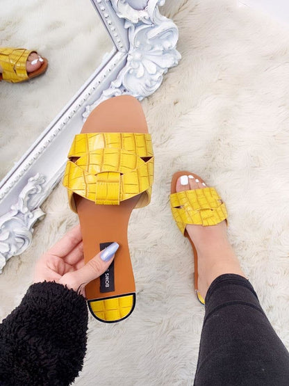 Maxine Croc Print Woven Detail Slip On Sliders