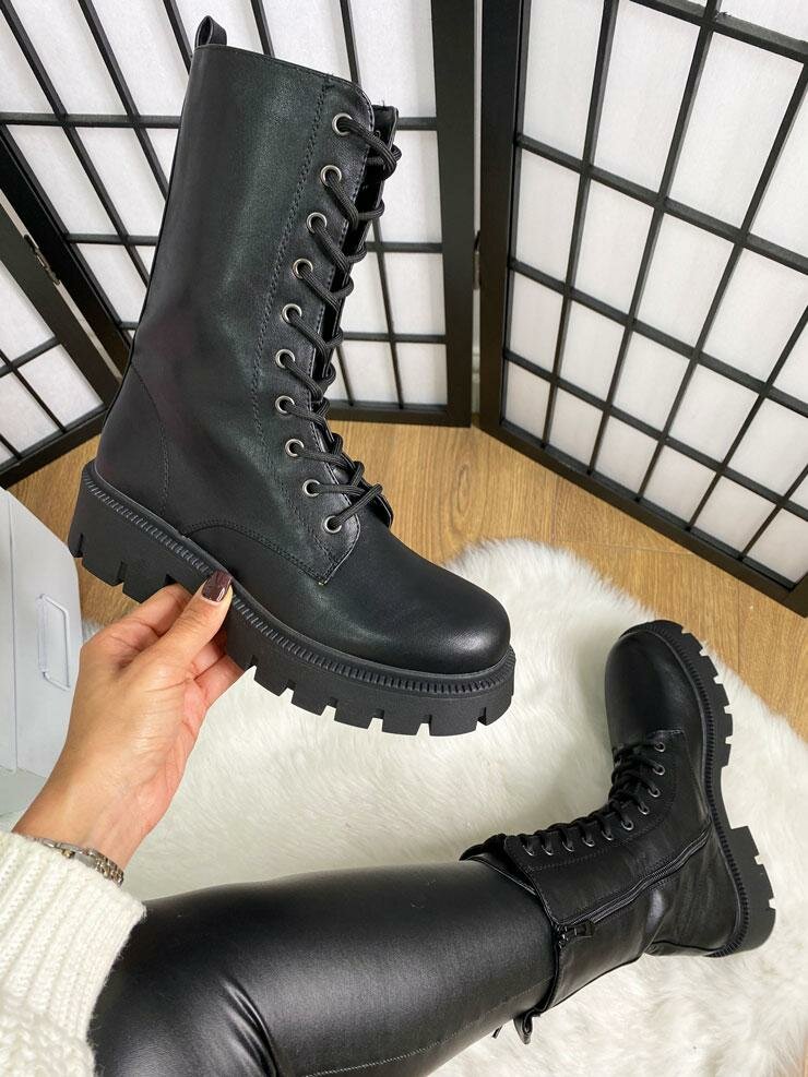 Megan Black Faux Leather Lace Up Biker Boots