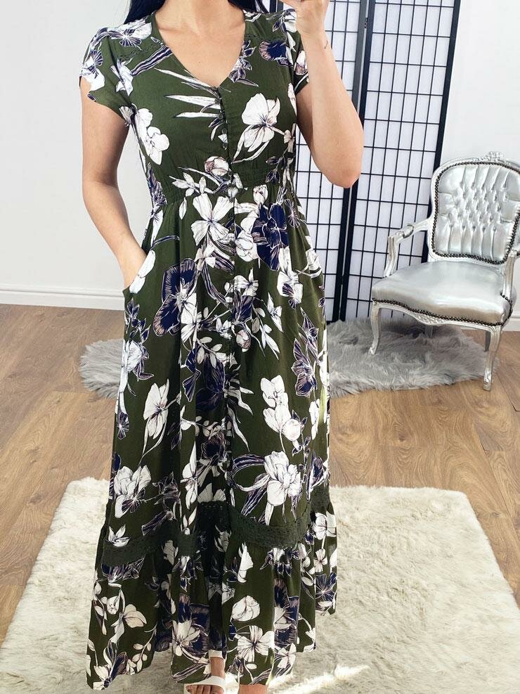 Milan Khaki Floral Crochet Detailed Smock Maxi Dress