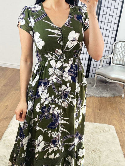 Milan Khaki Floral Crochet Detailed Smock Maxi Dress