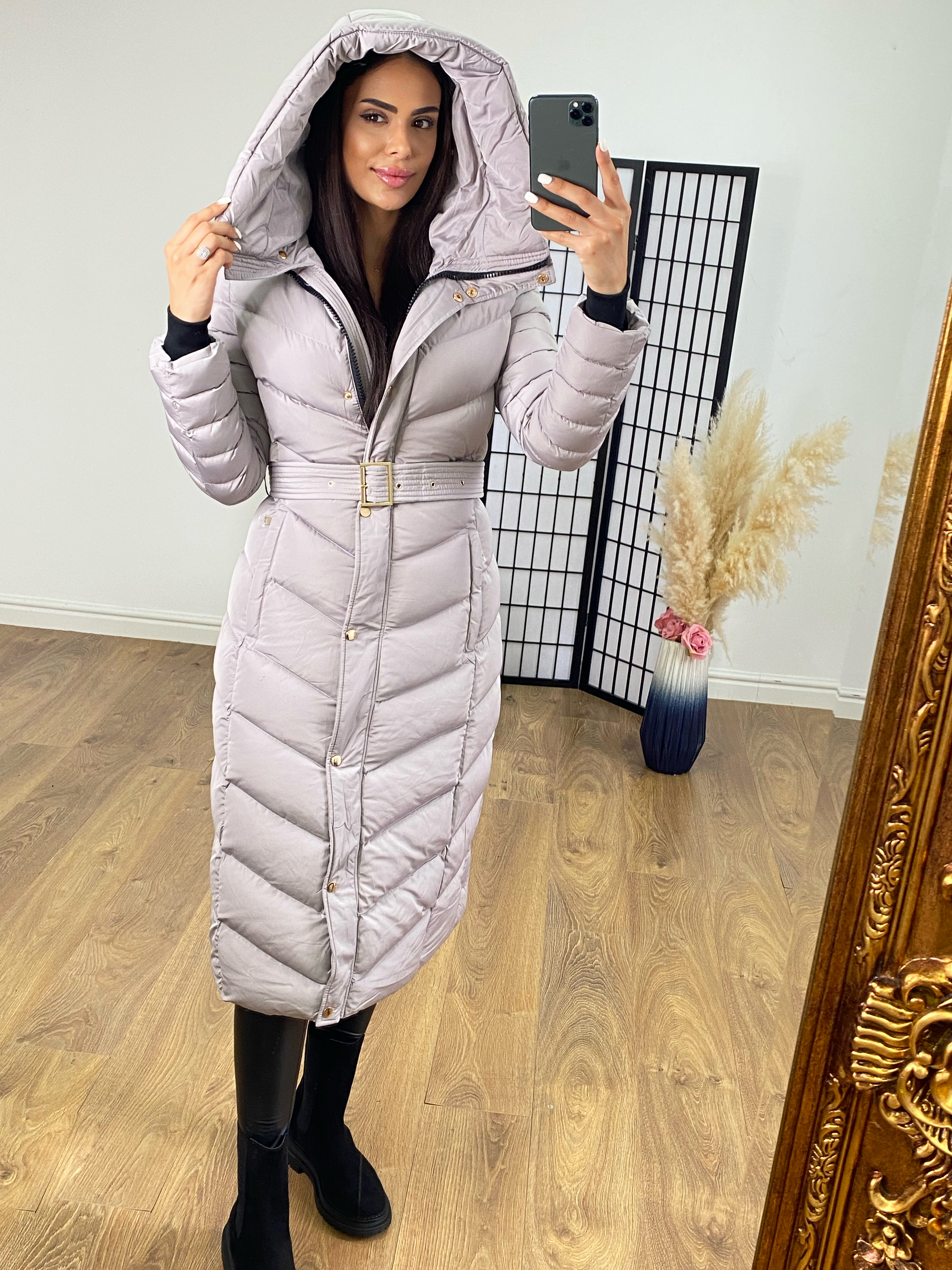 Minogue Grey Hooded Fleece Lined Puffer Coat