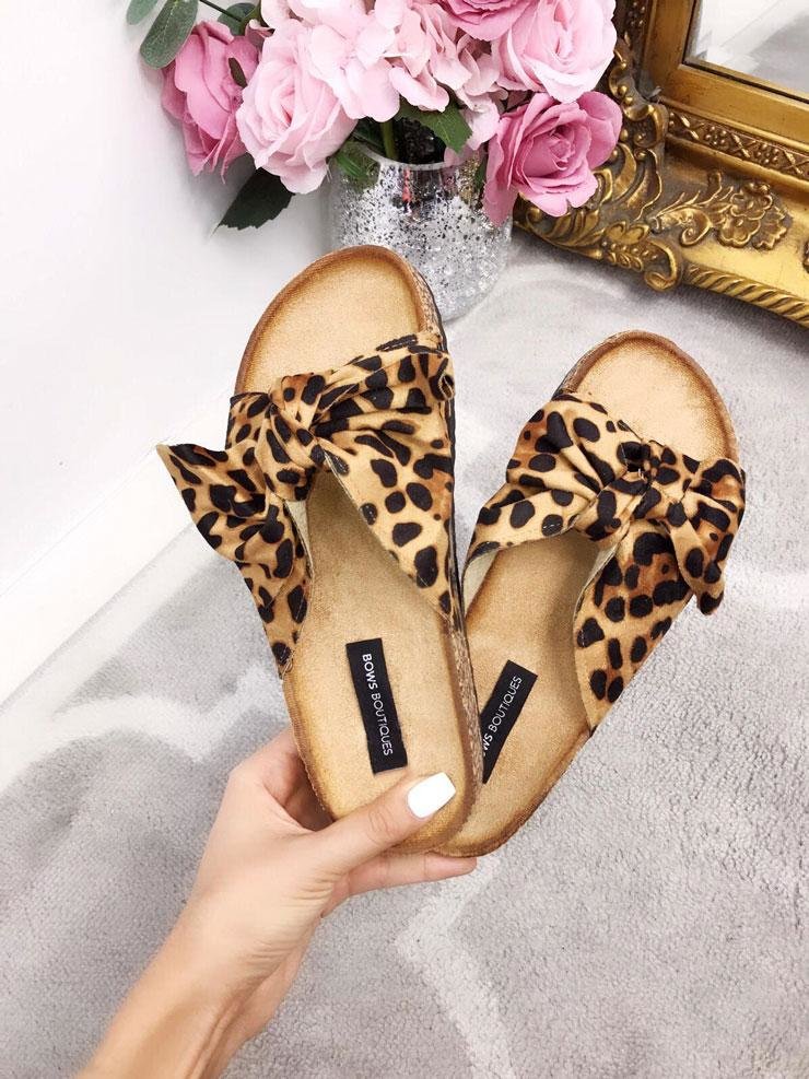 Molly Leopard Print Faux Suede Bow Sliders