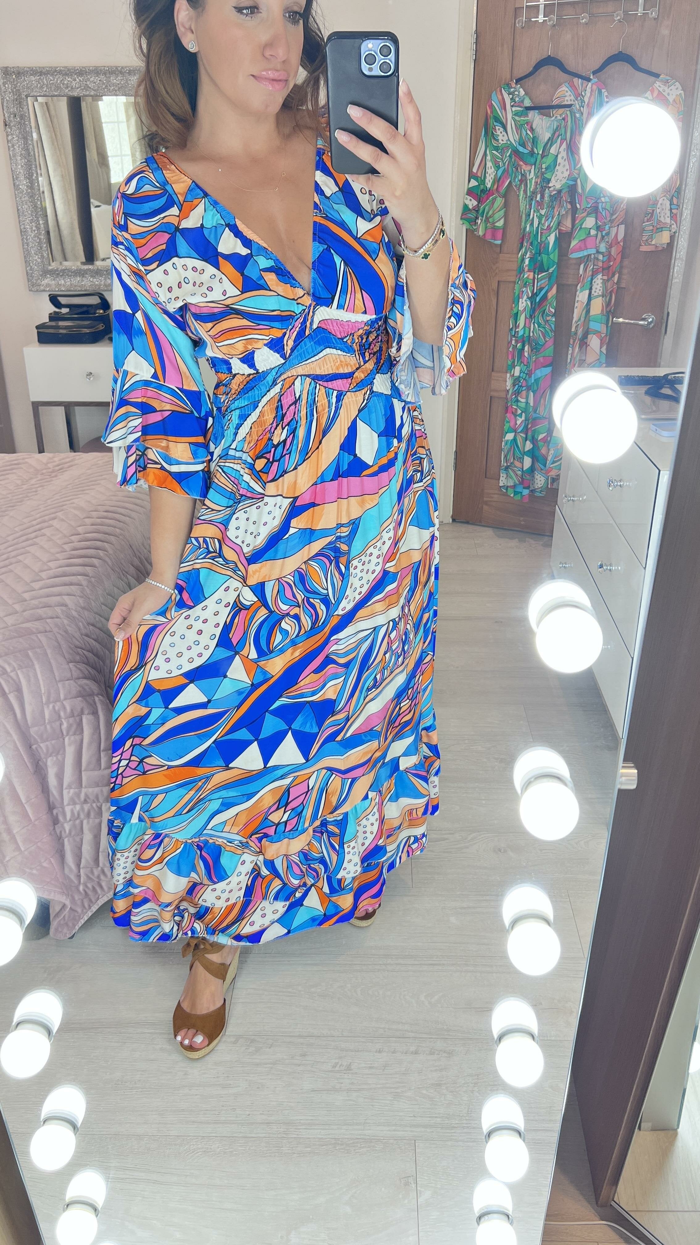 Monaco Abstract Print Ruffle Hem Maxi Dress