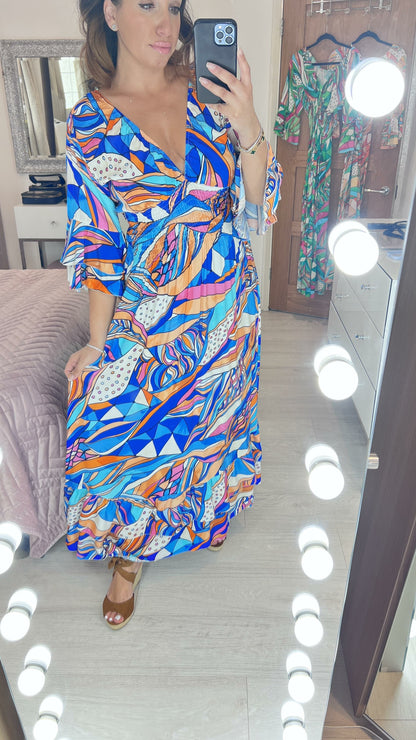 Monaco Abstract Print Ruffle Hem Maxi Dress