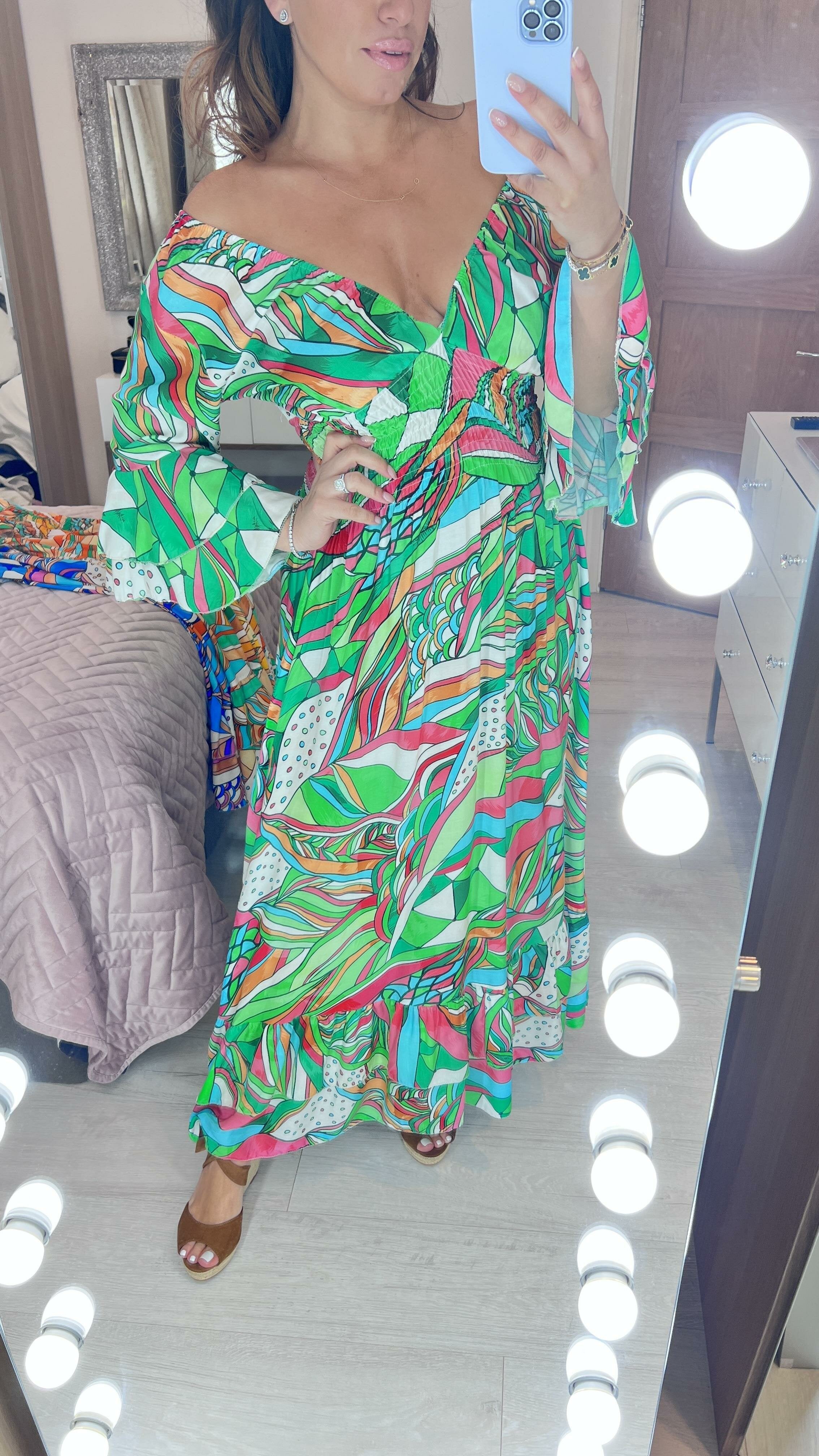 Monaco Abstract Print Ruffle Hem Maxi Dress