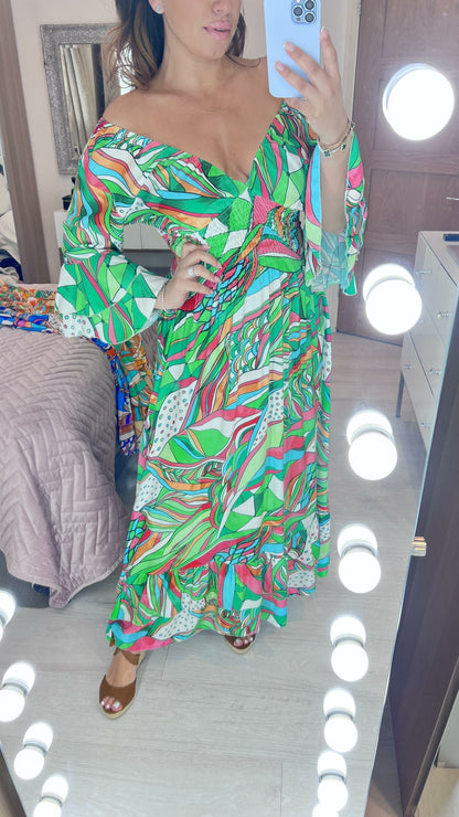 Monaco Abstract Print Ruffle Hem Maxi Dress