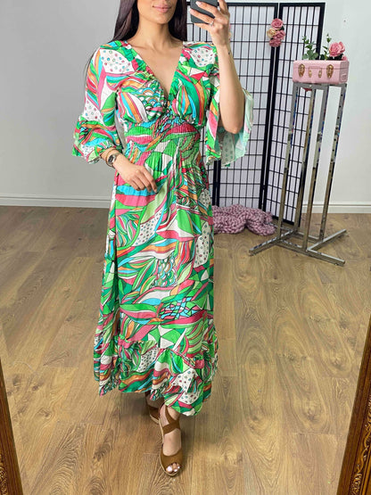Monaco Abstract Print Ruffle Hem Maxi Dress