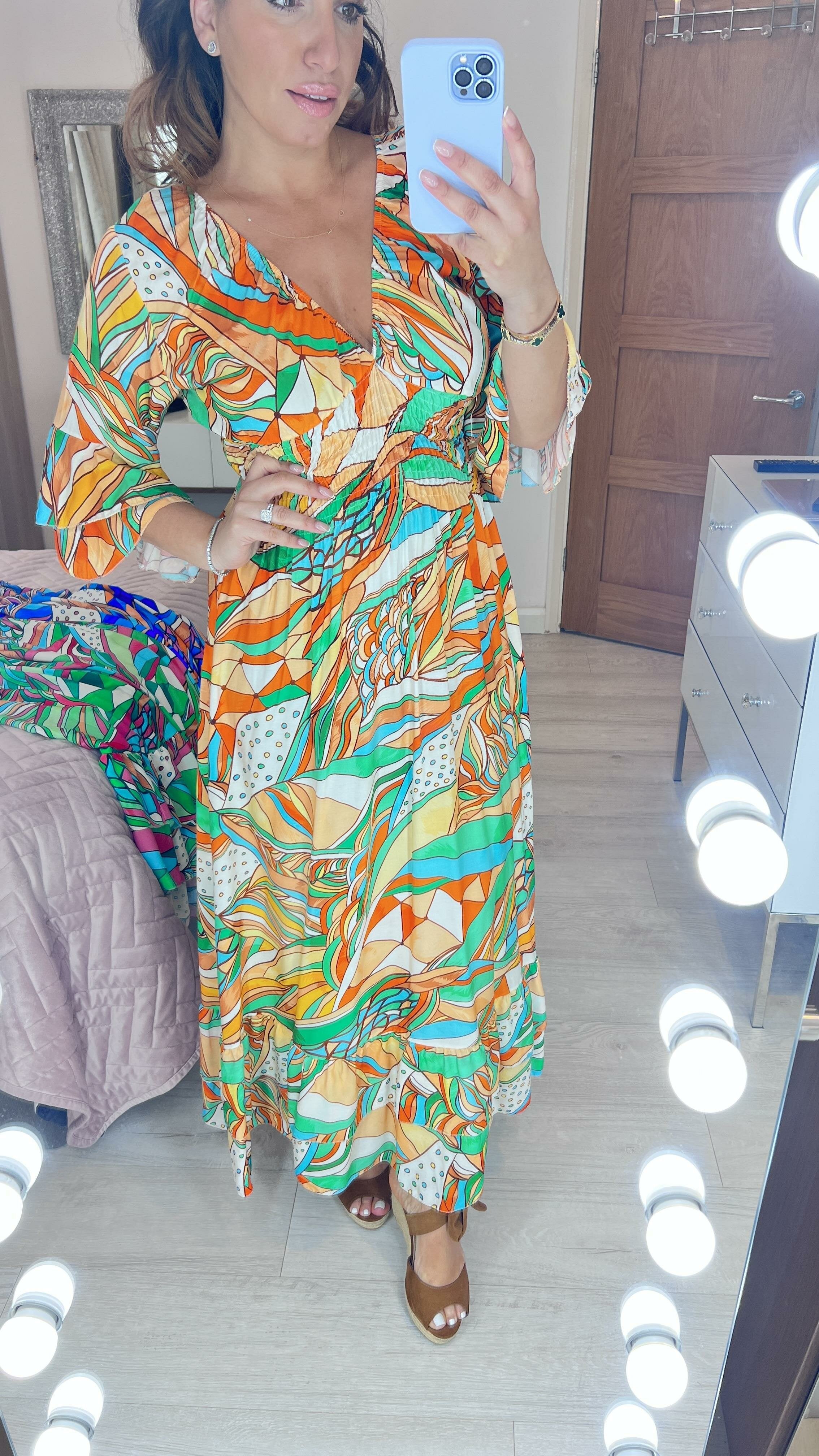 Monaco Abstract Print Ruffle Hem Maxi Dress