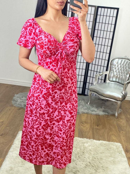 Monsoon Floral Print Pink And Red Sweetheart Midi Dress