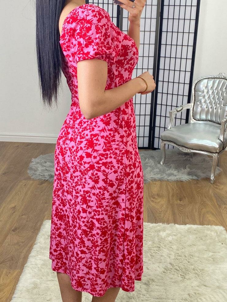 Monsoon Floral Print Pink And Red Sweetheart Midi Dress