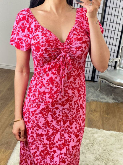 Monsoon Floral Print Pink And Red Sweetheart Midi Dress