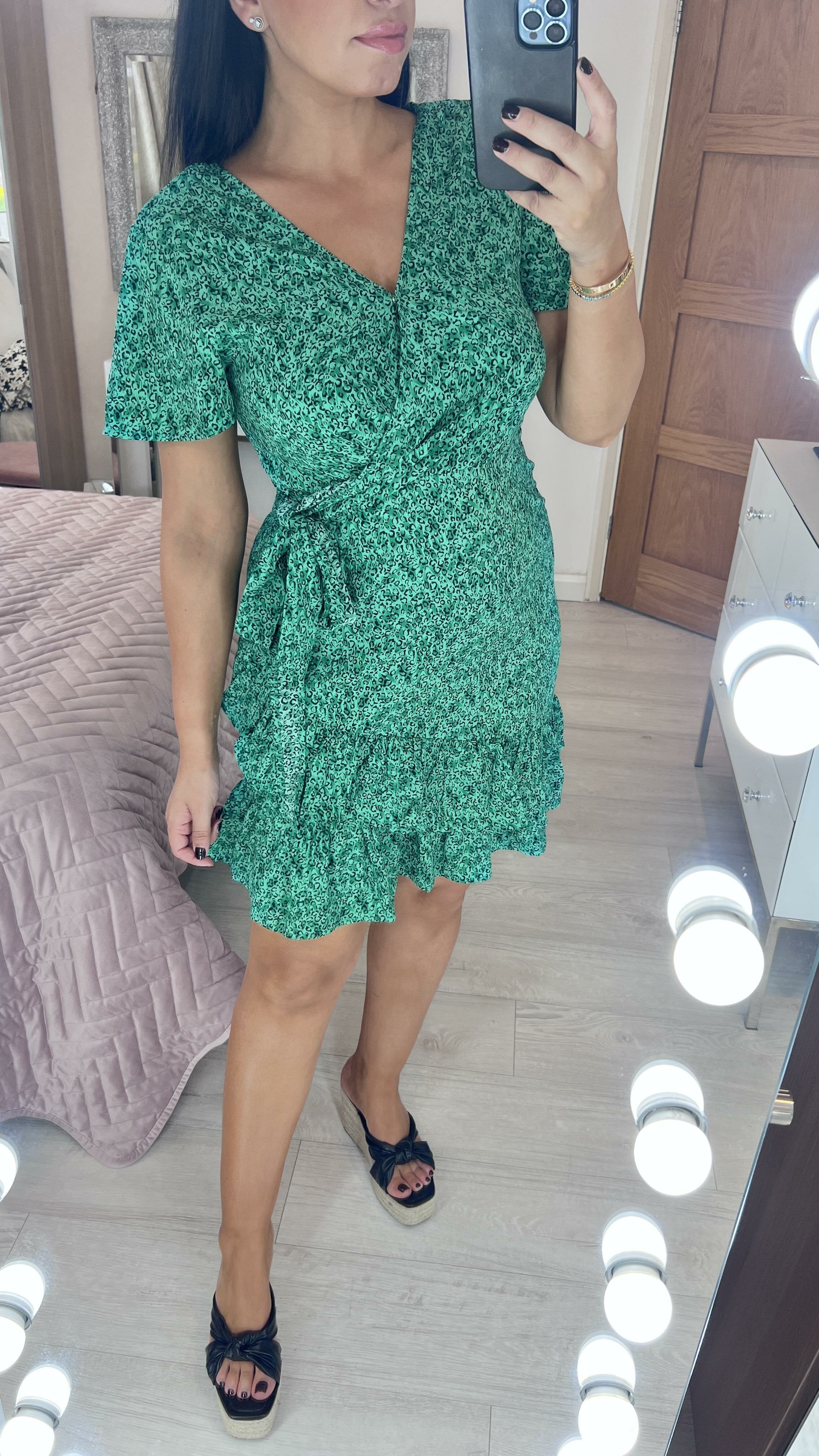 Monteno Emerald Cheetah Print Wrap Effect Dress