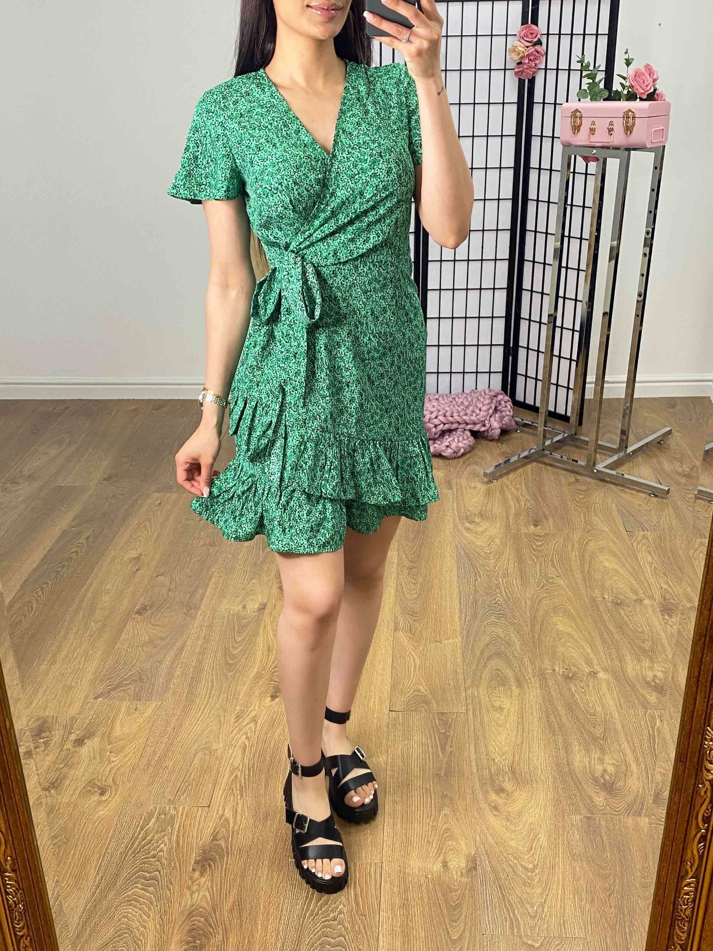 Monteno Emerald Cheetah Print Wrap Effect Dress