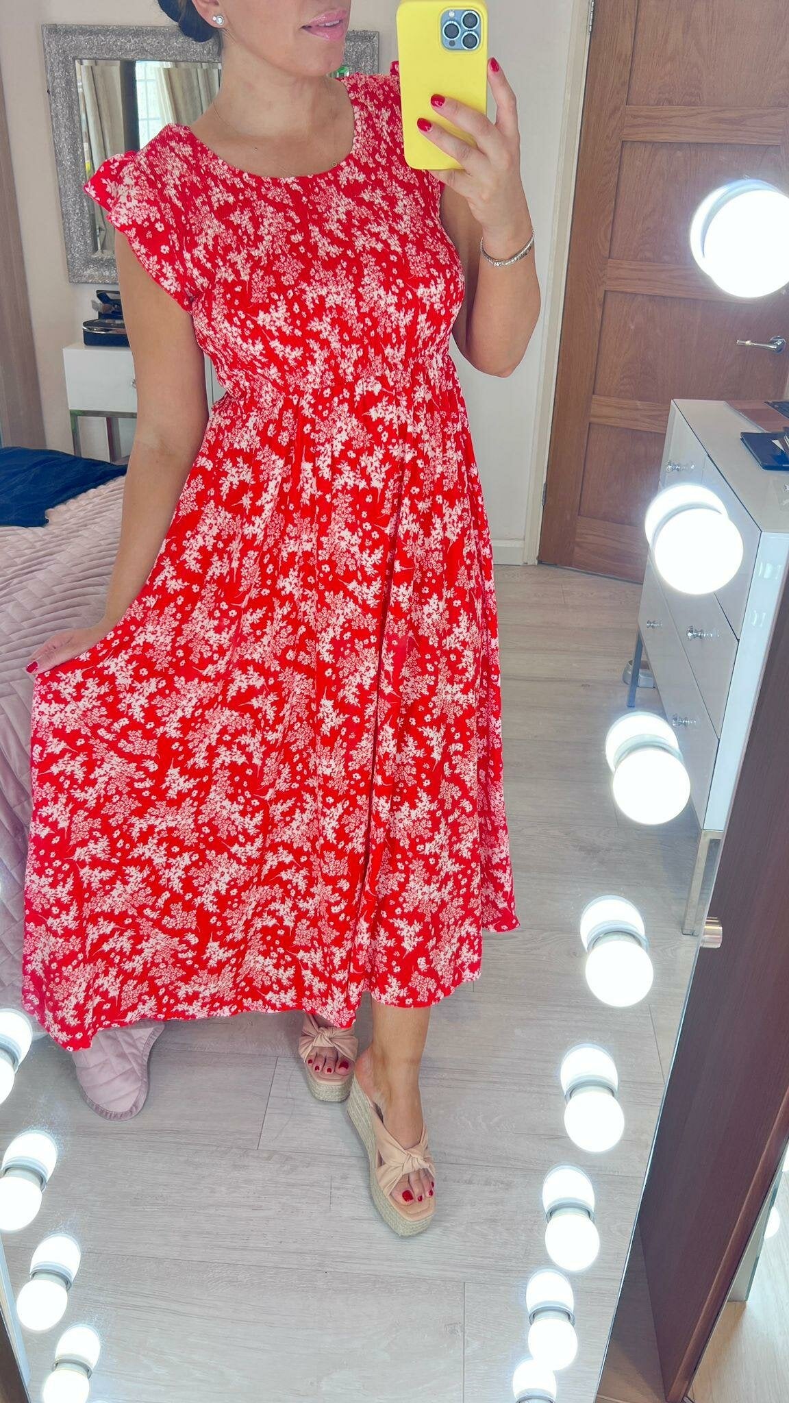 Morgan Red Floral Print Shirred Maxi Dress