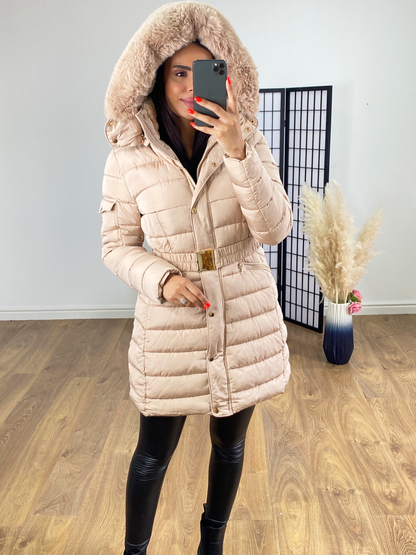 Morten Beige Faux Fur Hooded Puffer Coat