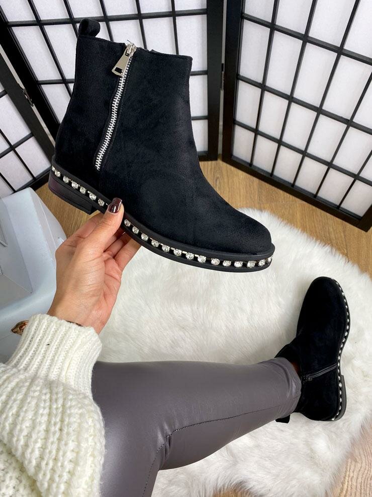 Moxie Black Faux Suede Diamante Zip Chelsea Boots