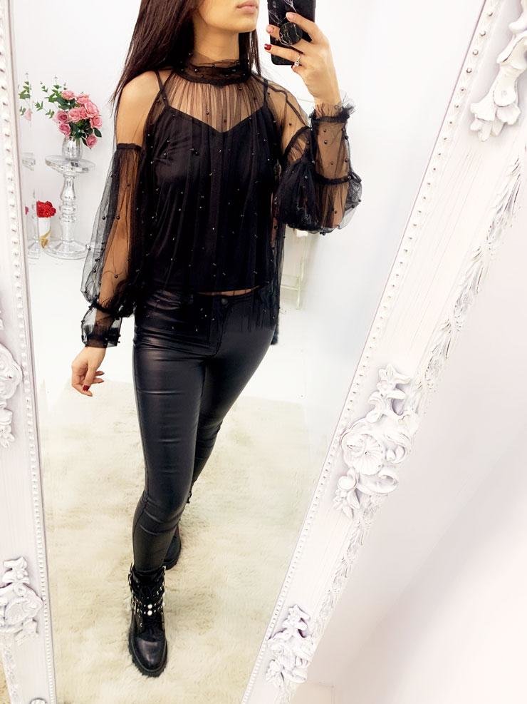 Mysha Black Mesh Pearl Bell Sleeve Top