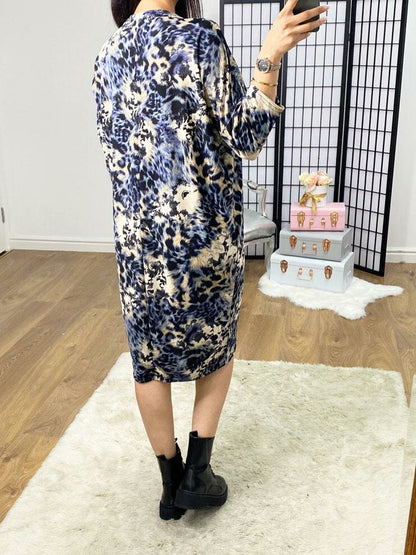 Nancie Blue Loose Fit Leopard Print Zip Detailed Batwing Slinky Dress