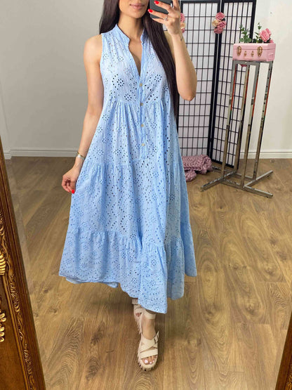 Nessie Sleeveless Broderie Tiered Hem Smock Maxi Dress