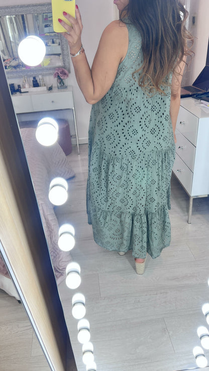 Nessie Sleeveless Broderie Tiered Hem Smock Maxi Dress