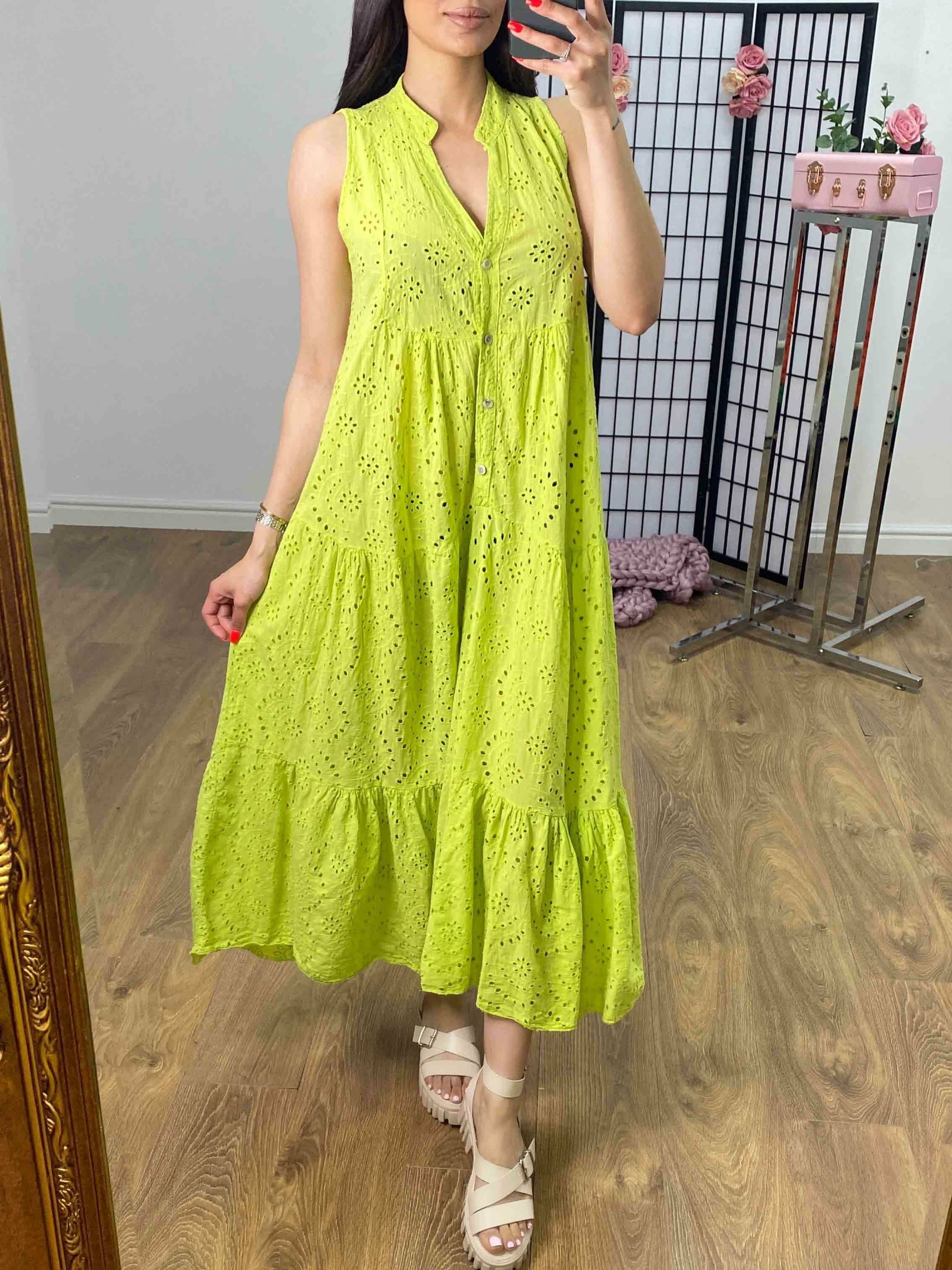 Nessie Sleeveless Broderie Tiered Hem Smock Maxi Dress