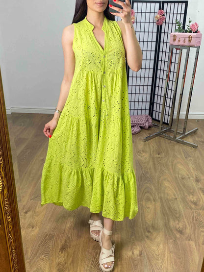 Nessie Sleeveless Broderie Tiered Hem Smock Maxi Dress