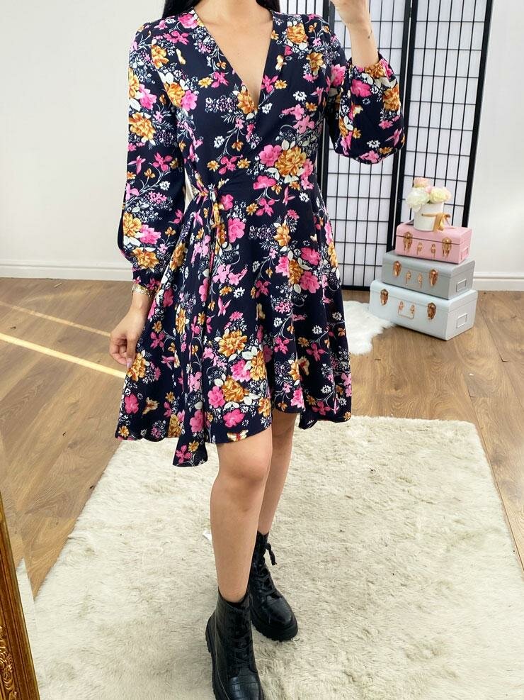 Sev Navy Pink Floral Wrap Swing Dress