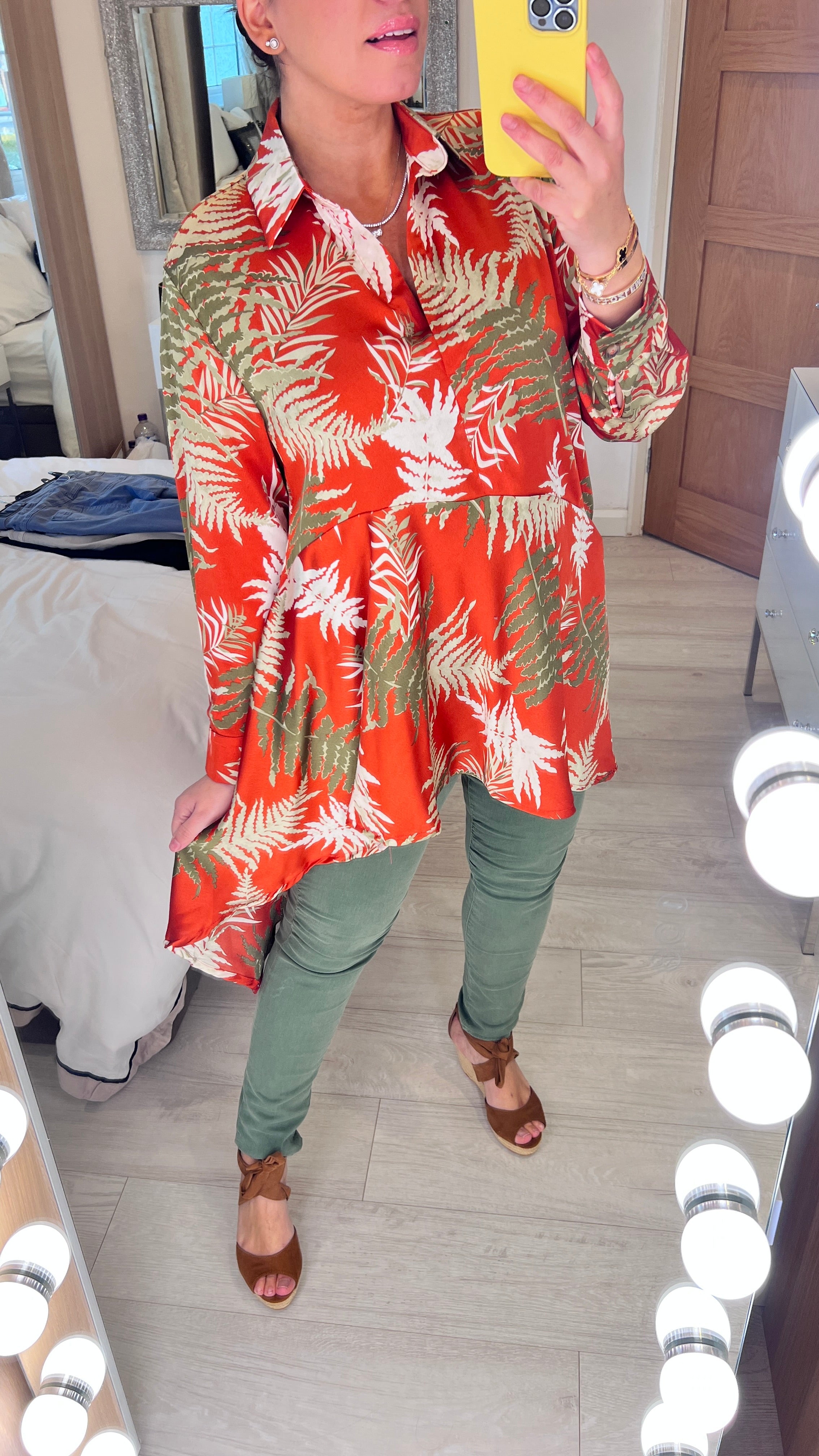 Newington Rust Leaf Print Asymmetric Hem Satin Blouse