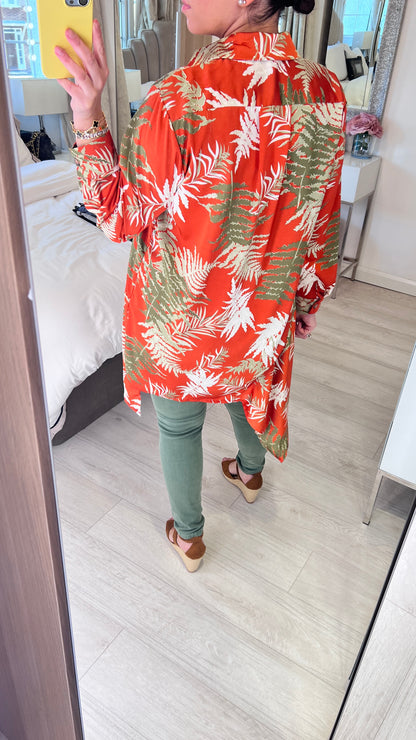 Newington Rust Leaf Print Asymmetric Hem Satin Blouse