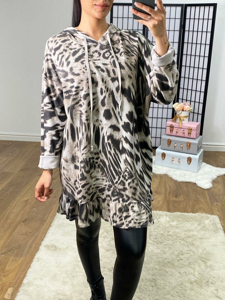 Nilda Oversized Animal Print Frill Hem Hooded Jumper