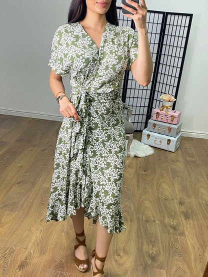 Nori Khaki Floral Print Wrap Dress