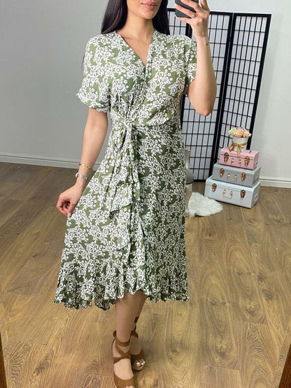 Nori Khaki Floral Print Wrap Dress