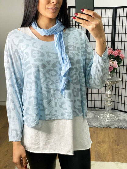 Novella Leopard Print Scarf Two Piece Thin Knit Jumper