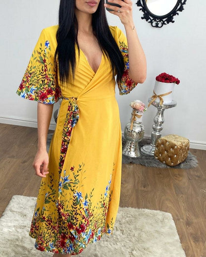 Nyomi Mustard Wrap Floral Print Dress