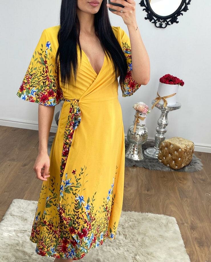 Nyomi Mustard Wrap Floral Print Dress