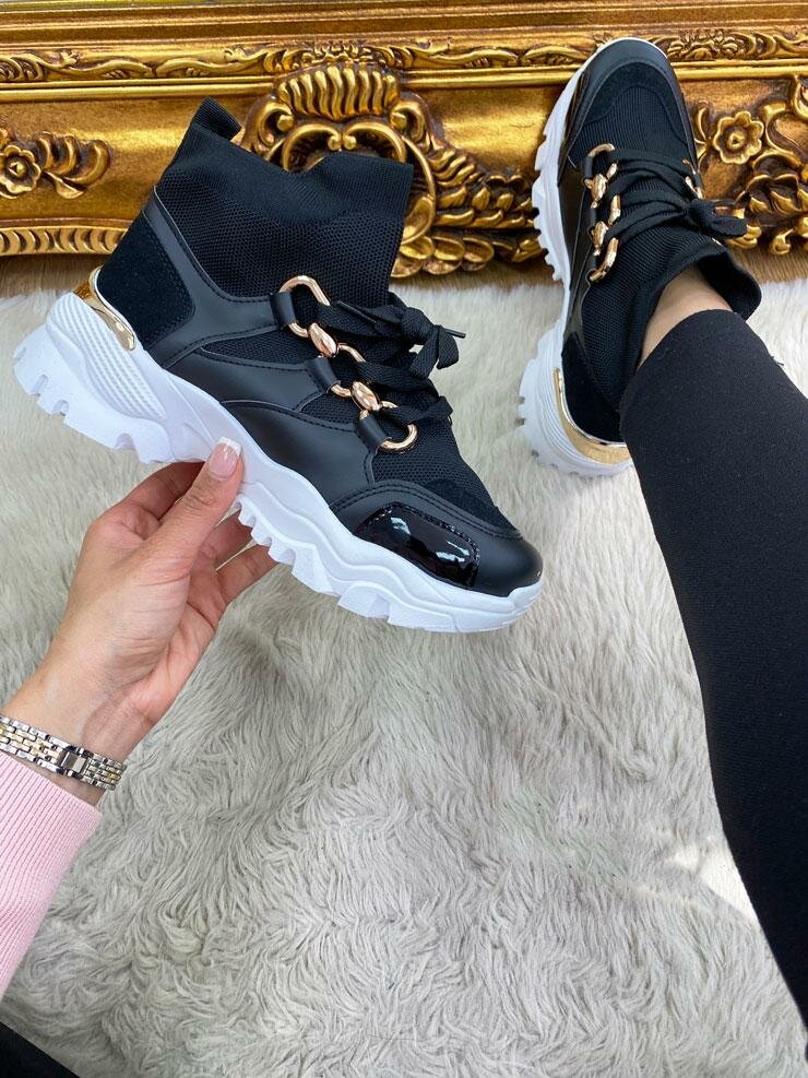 Olesia Black Gold Loop Detailed Fly Knit Faux Leather Trainers