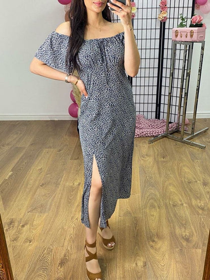 Ophelia Navy Bardot Ditsy Floral Print Split Side Dress