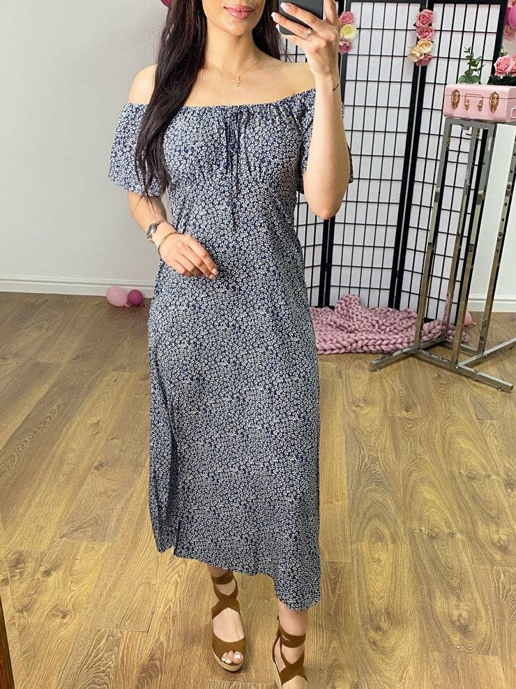 Ophelia Navy Bardot Ditsy Floral Print Split Side Dress