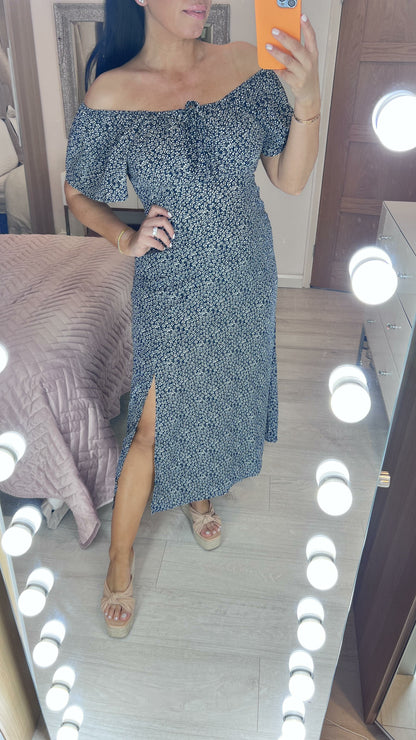 Ophelia Navy Bardot Ditsy Floral Print Split Side Dress