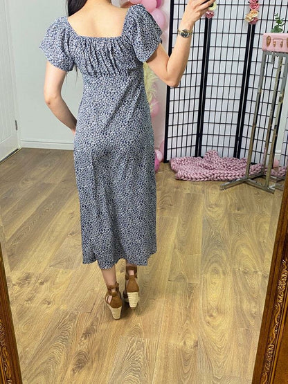 Ophelia Navy Bardot Ditsy Floral Print Split Side Dress