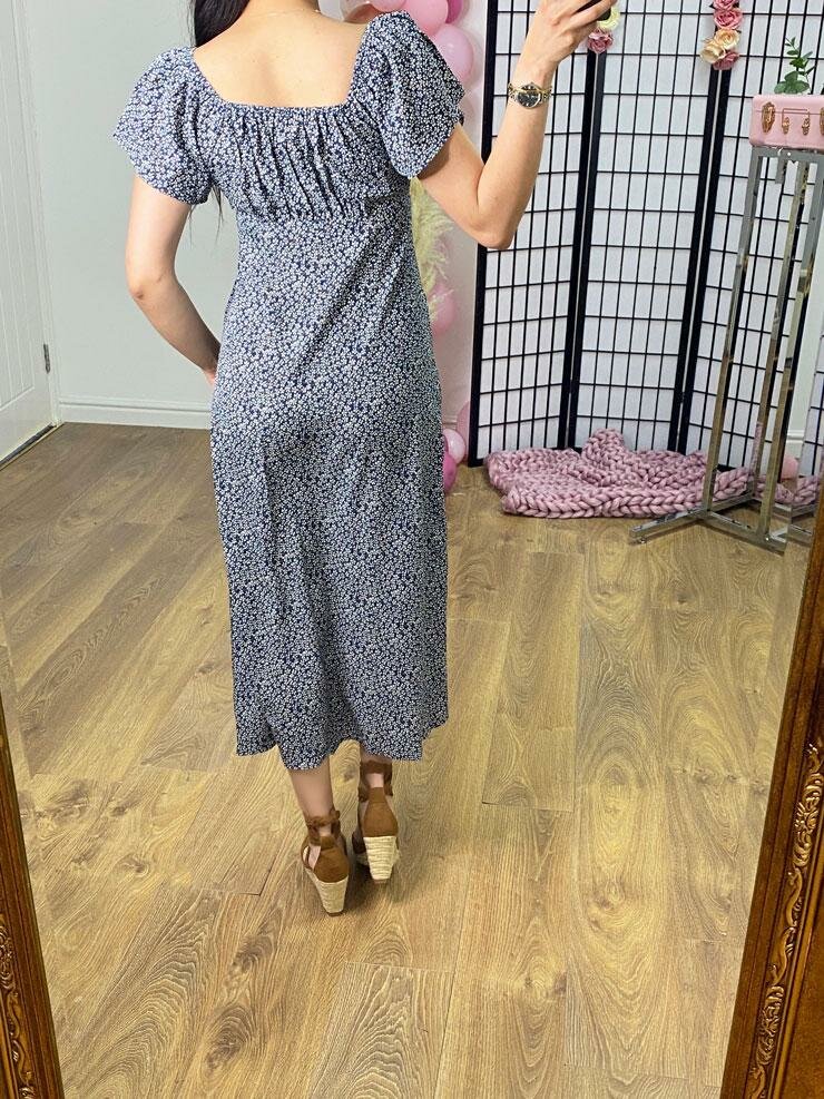 Ophelia Navy Bardot Ditsy Floral Print Split Side Dress