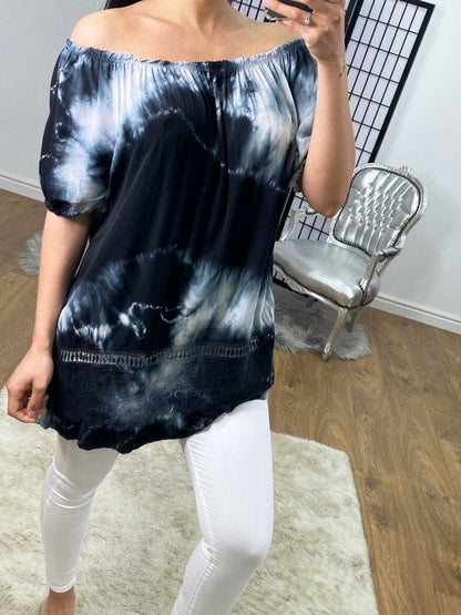 Orlana Tie Dye Crochet Detailed Black Bardot Top